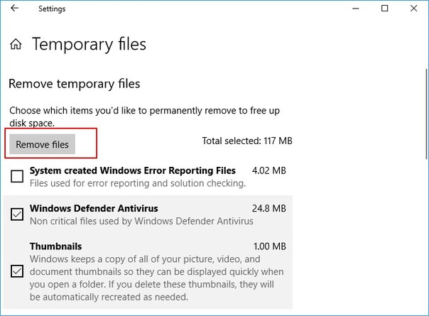 Check boxes to remove files
