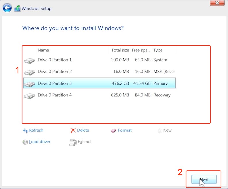 Choose the hard drive where you want to install Windows from windows setup menu