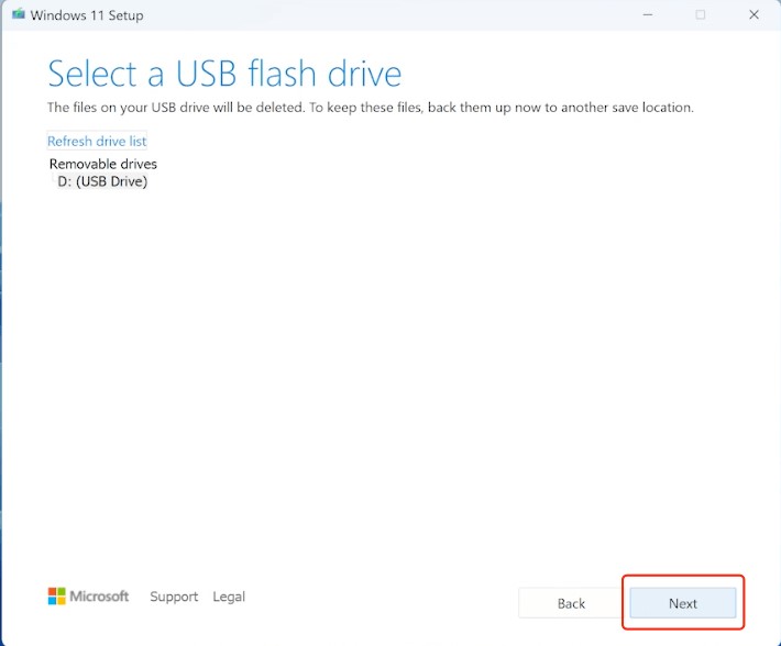 click on next after selected the USB drive