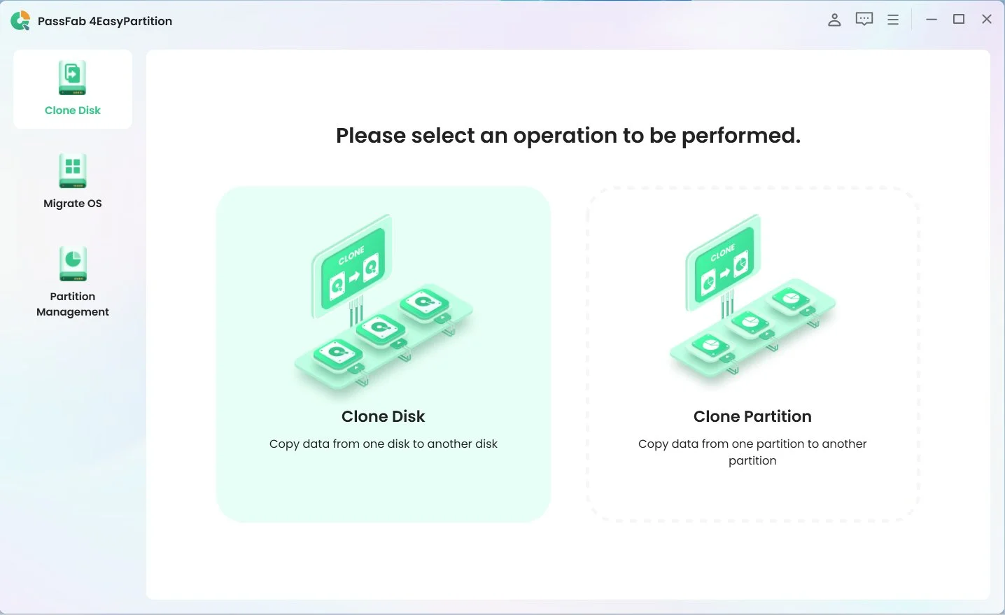 Image of Step 1 of Clone Disk Steps with PassFab 4EasyPartition
