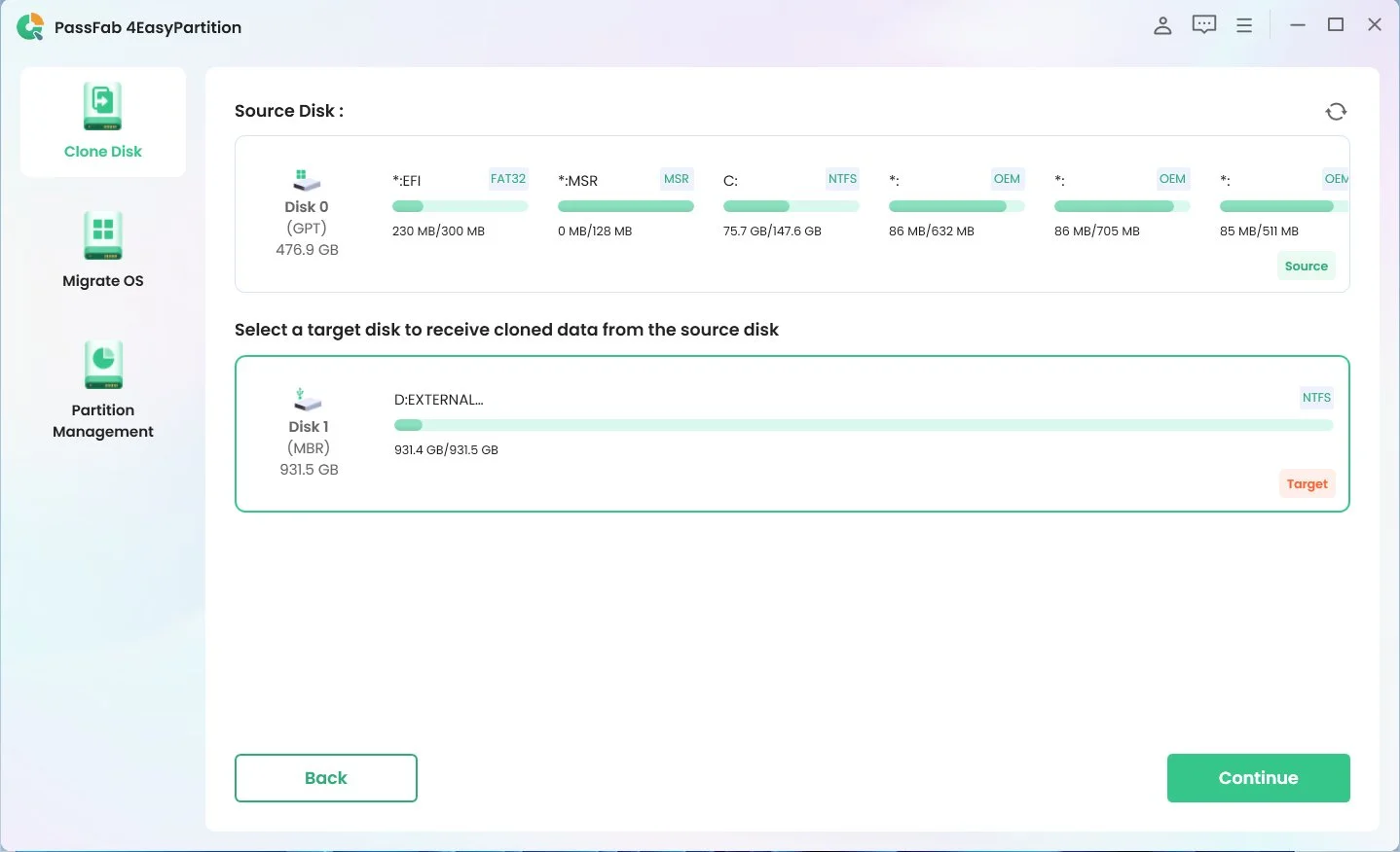 Image of Step 2 of Clone Disk Steps with PassFab 4EasyPartition